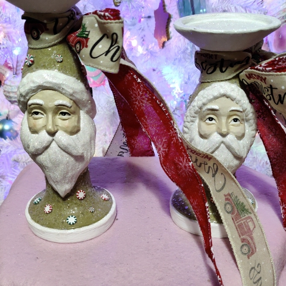 Santa Claus Candle Holders with Red and White Accents